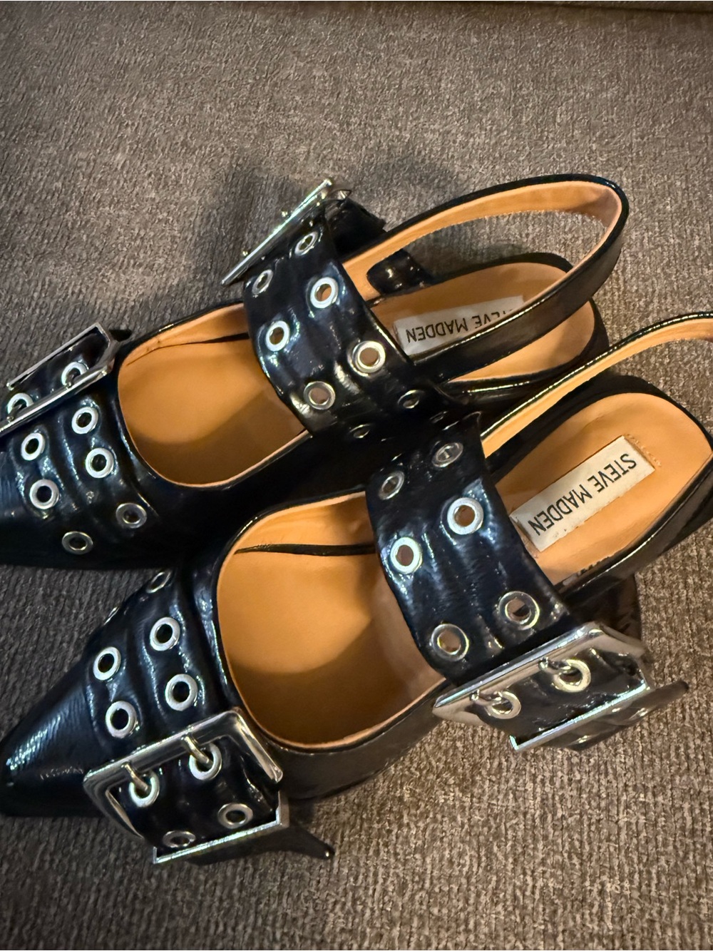 Steve Madden Black Patent Pointed Slingback Flats with Grommet Straps